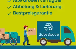 SaveSpace: Illustration mit LKW, Fahrrad, Paketen und Text Alle Größen verfügbar, Abholung & Lieferung, Bestpreisgarantie.